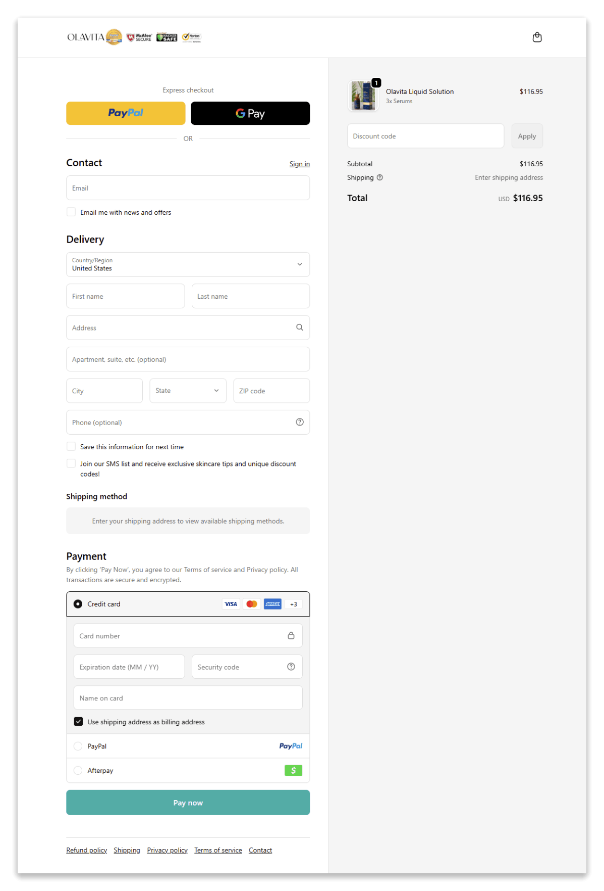 olavita liquid solution checkout page